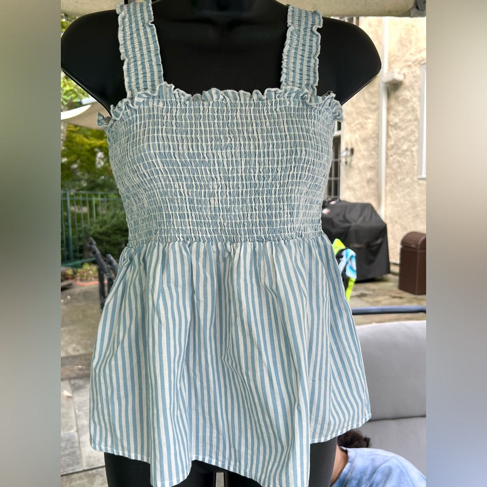 Aqua Light Blue and White Baby Doll Textured Top